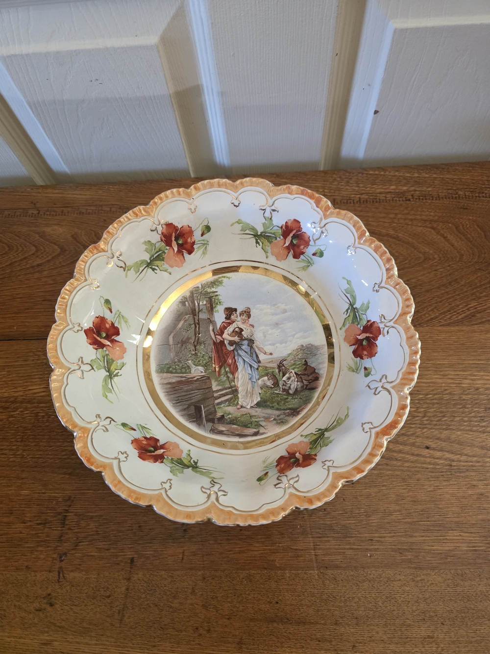 Antique C.P. Co. Dixie Scalloped Serving Bowl Orange Poppies Pastoral Gold
